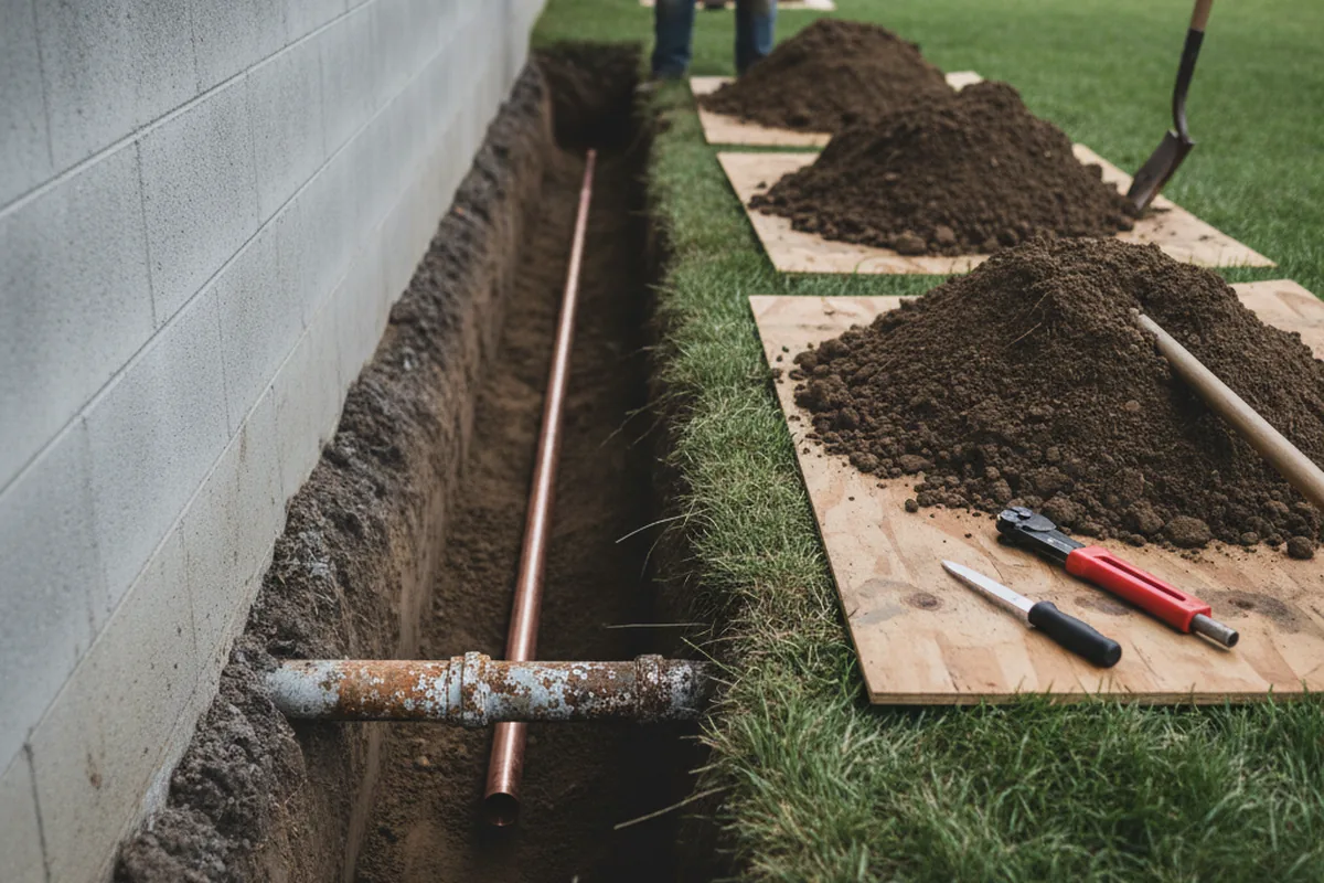 Excavated water line trench during Sewer Line Repair in Bernardston